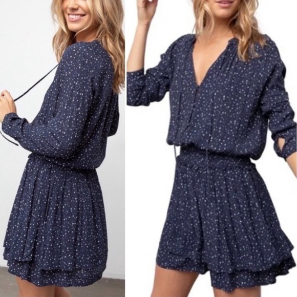 Rails Jasmine Navy Nova Star Print Smocked Waist V Neck Mini Dress MEDIUM - Picture 3 of 12